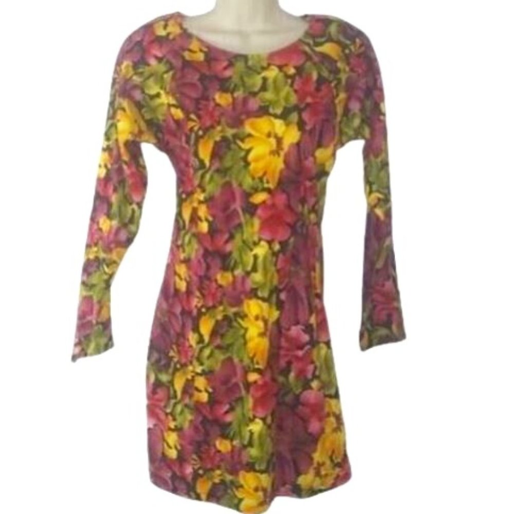 Vintage 1980's Tropical Floral Pattern Mini Knit Sheath Dress